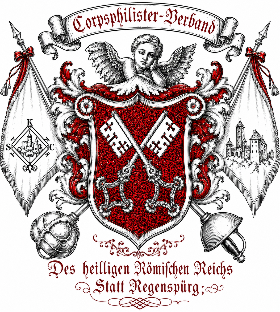 Historisches Fahnenwappen des Corpsphilister-Verbandes Regensburg mit Bezügen zum Kösener und Weinheimer Senioren-Convent