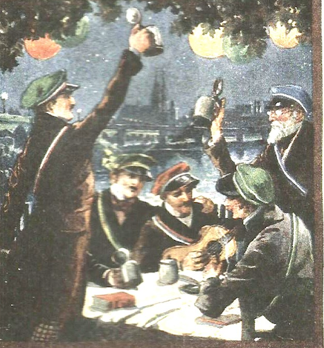 Historische Illustration von Corpsstudenten bei einem geselligen Treffen im Biergarten