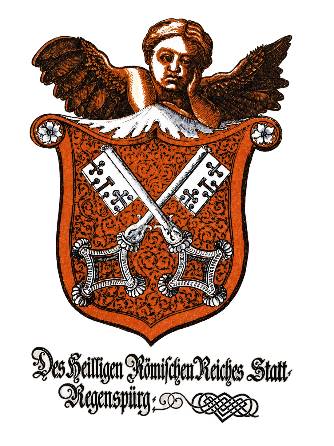 Historisches Wiesner-Motiv mit Engel, gekreuzten Stadtschlüsseln und historischer Bezeichnung Regensburgs